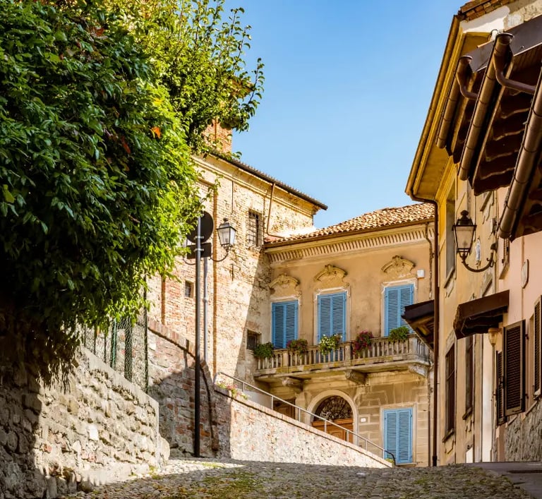 Historic center of La Morra Italy with cobbled streets and old houses