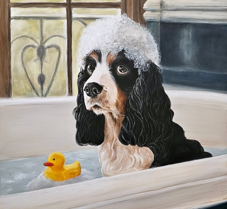 a dog in a bathtub with a rubber duck in it