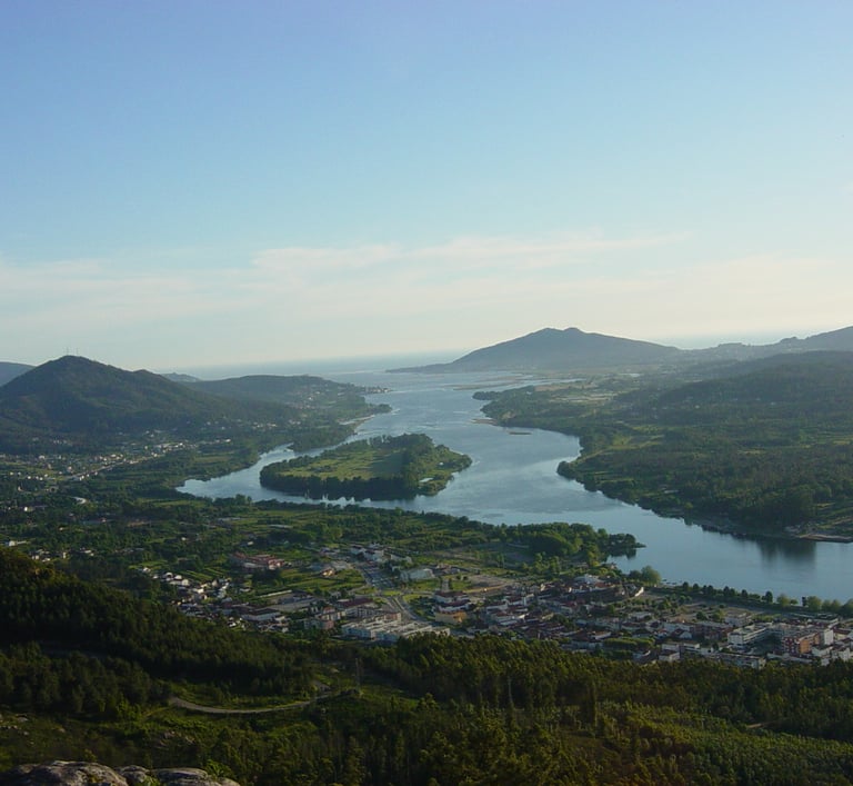 a view of a river and mountains in the distance