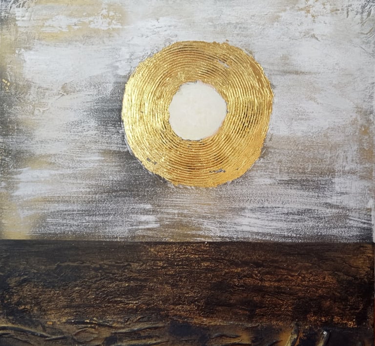 Abstract mixed media painting featuring a textured gold circle over a neutral grey and brown landscape.