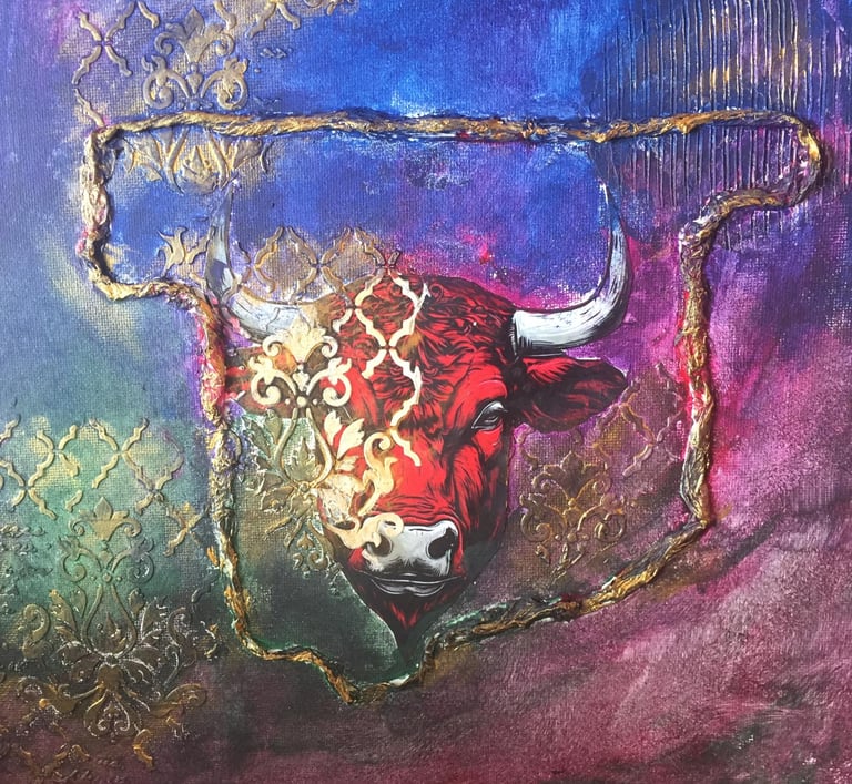 Mixed media bull art featuring a red bull head with gold filigree and textured purple canvas.