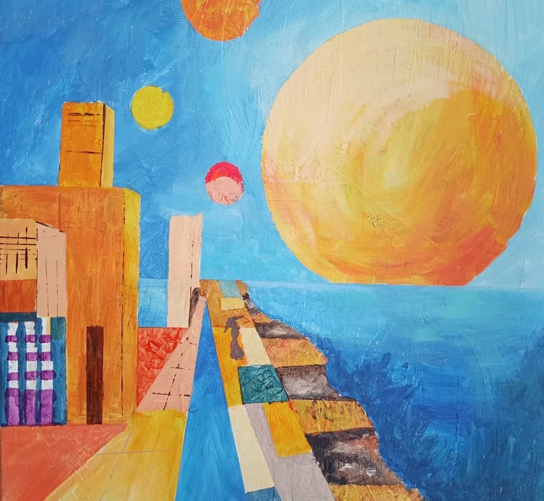 Abstract oil painting of a coastal city with colorful buildings and multiple suns over a blue ocean.