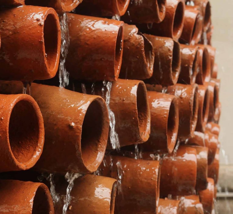 close up with water dripping on a clay pot evaporative cooling system