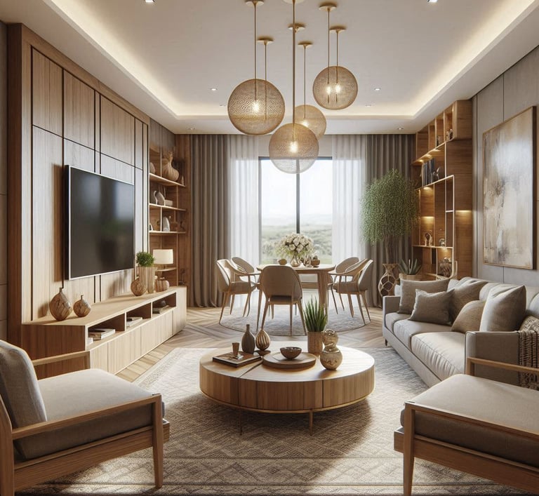 SALA DE ESTAR MODERNA COM MÓVEIS DE MADERA MAÇIÇA
