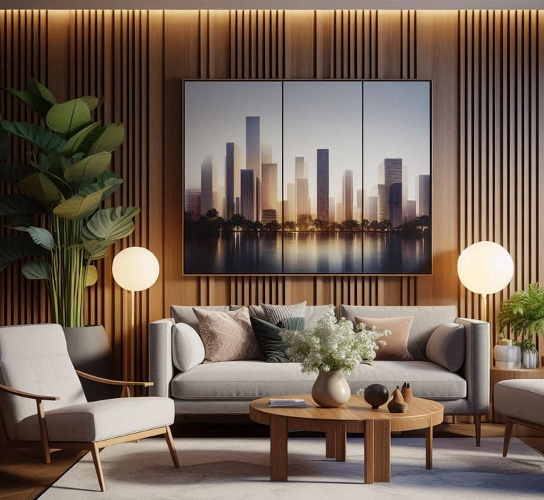SALA DE ESTAR MODERNA COM MÓVEIS DE MADERA MAÇIÇA E VASO DE PLANTA DA DECORAÇÃO