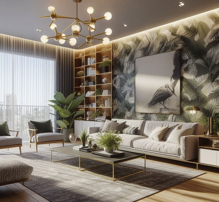 SALA DE ESTAR MODERNA COM PAPEL DE PAREDE BOTANICO