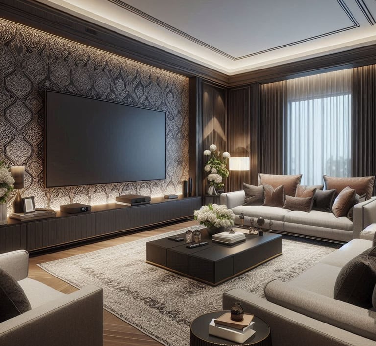 SALA DE TV GRANDE MODERNA COM PAPEL DE PAREDE COM TONS MAIS ESCUROS