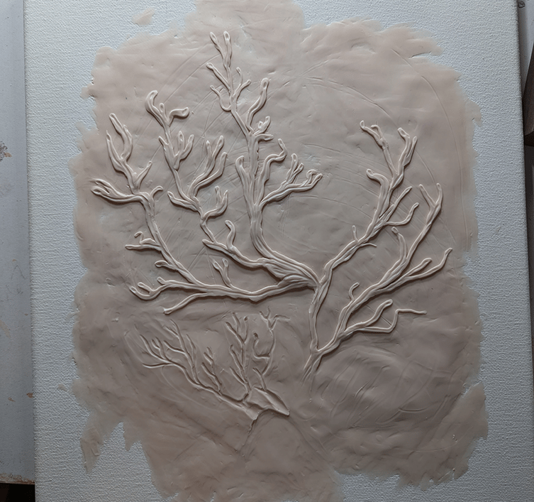Polymer clay relief on canvas sculpture in progress.