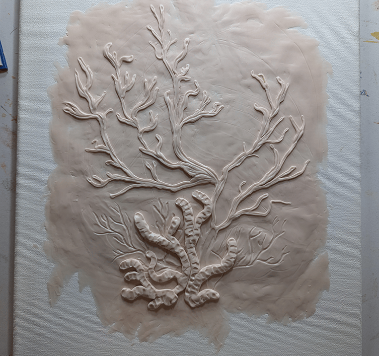 Using polymer clay for a relief sculpture on stretched canvas. Work in progress.