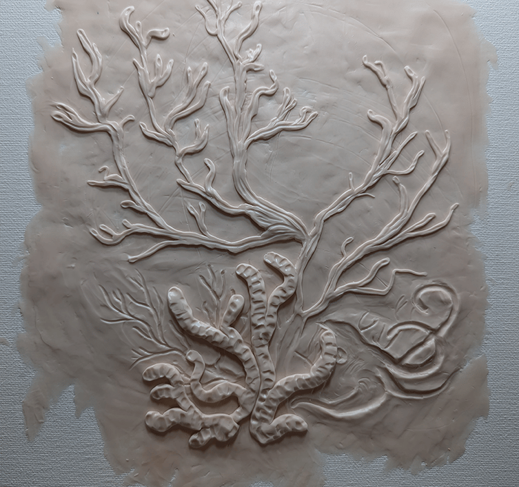 Polymer clay on stretched canvas for 3D relief sculpture. Work in progress.