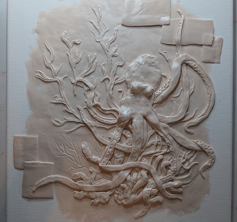 Octopus's Garden 3D polymer clay relief sculpture on stretched canvas.