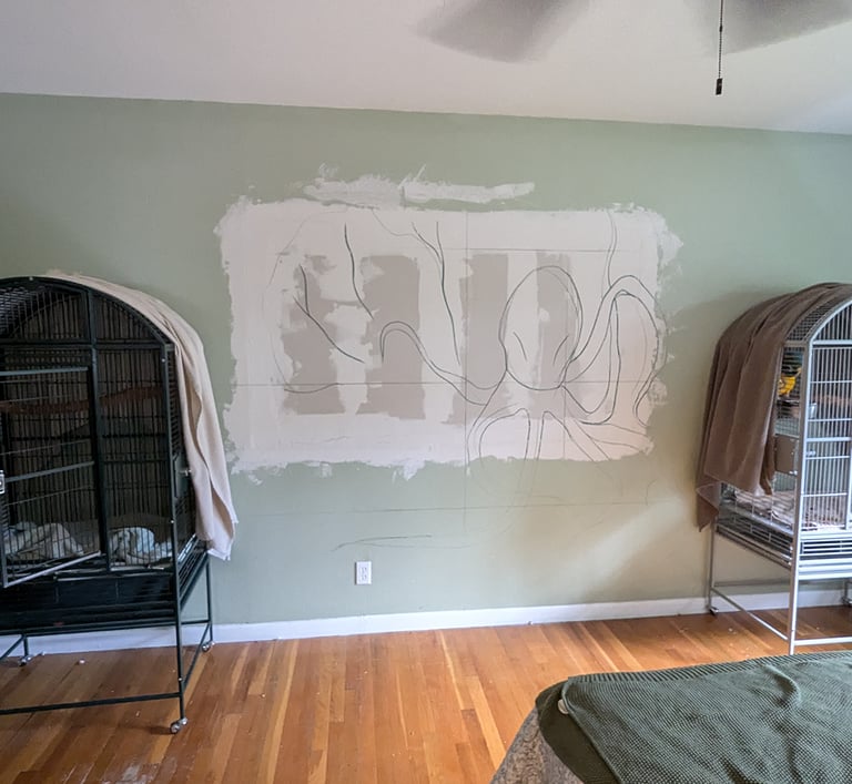 Sketched placement of character and items of a 3D relief mural depicting an octopus's garden.