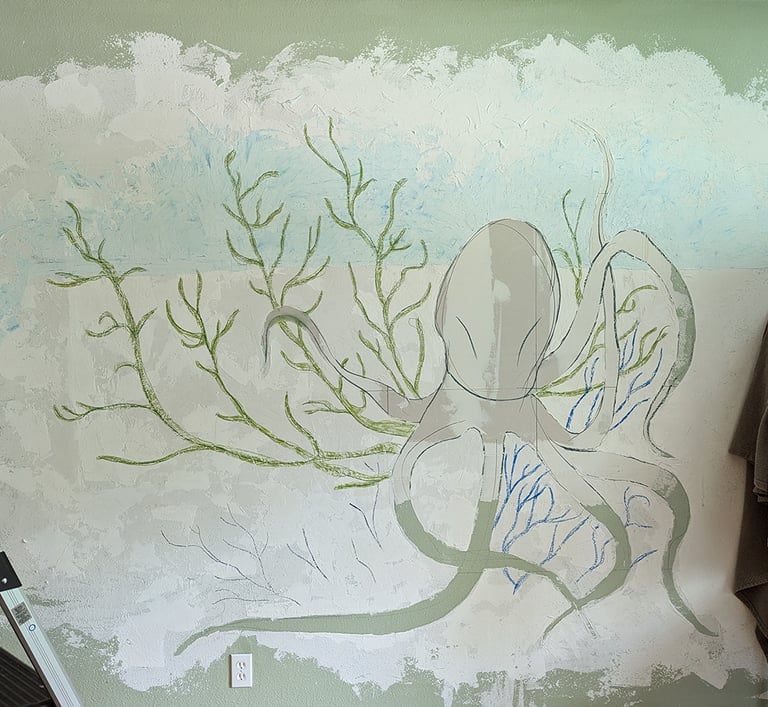 Joint compound 3D relief wall mural in progress using chalk pastels to sketch in where to build up with compound.