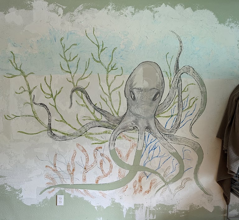 Fully sketched 3D relief mural wall ready to receive joint compound sculpting and buildup.