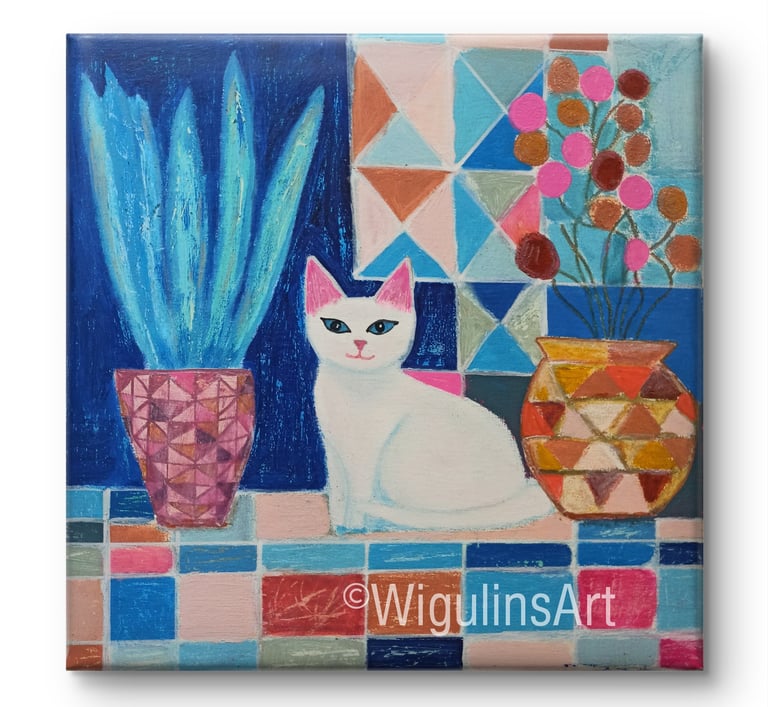 a white cat sitting on a tiled floor