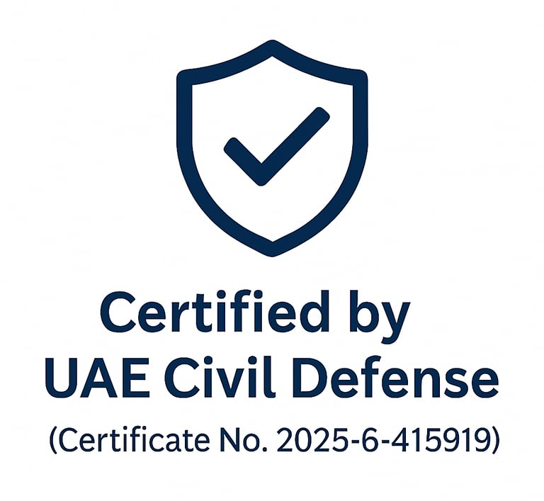 Certified by UAE Civil Defense badge with certificate number