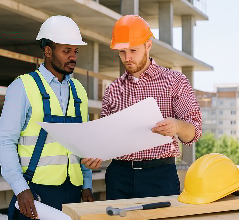 Two engineers reviewing site drawings at construction site