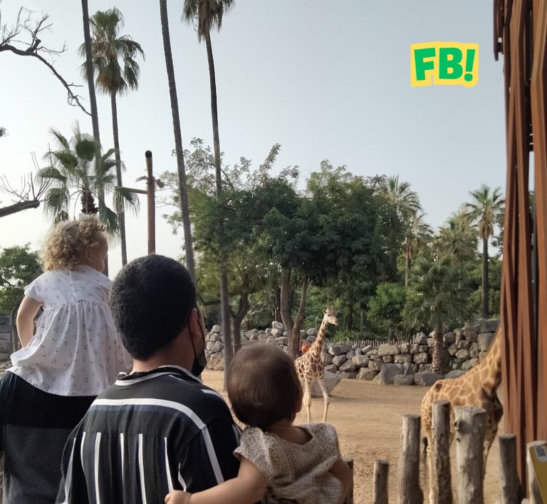 a man and woman standing in front of a giraffe
