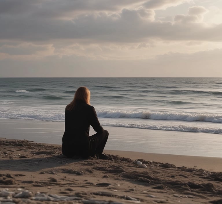 a person sitting on a beach with a surfboard