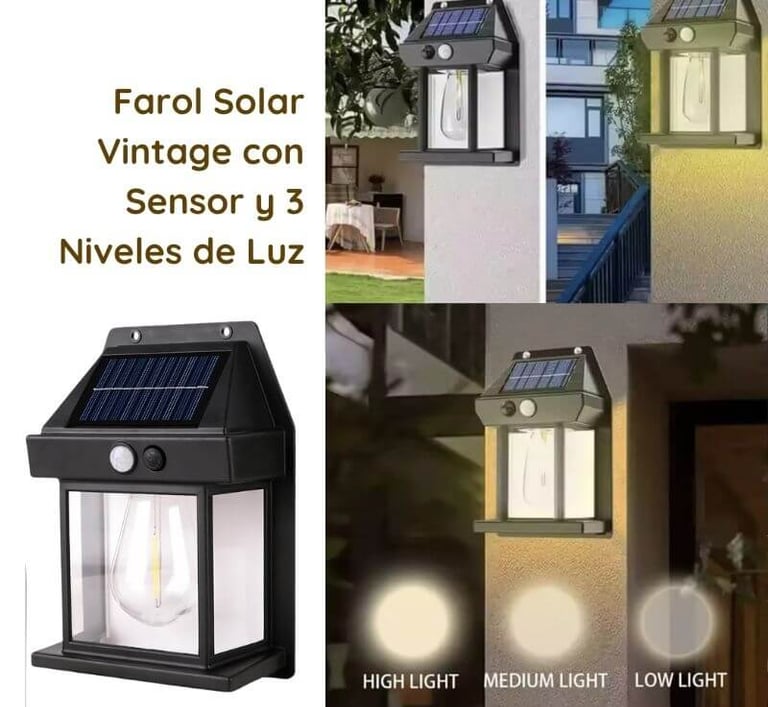 Farol solar vintage de pared con sensor de movimiento y 3 niveles de luz – Ideal para jardín, entrad