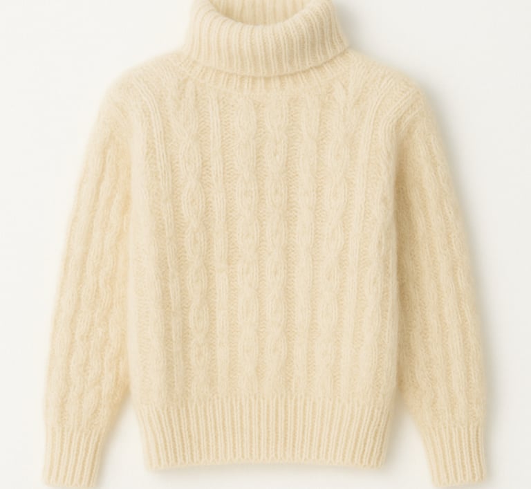 a white sweatered sweater with a turtle neck and a turtle neck
