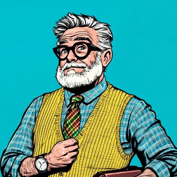 Cartoon of an older man with gray hair and a beard wearing a plaid shirt and yellow sweater vest, in a pop art style.