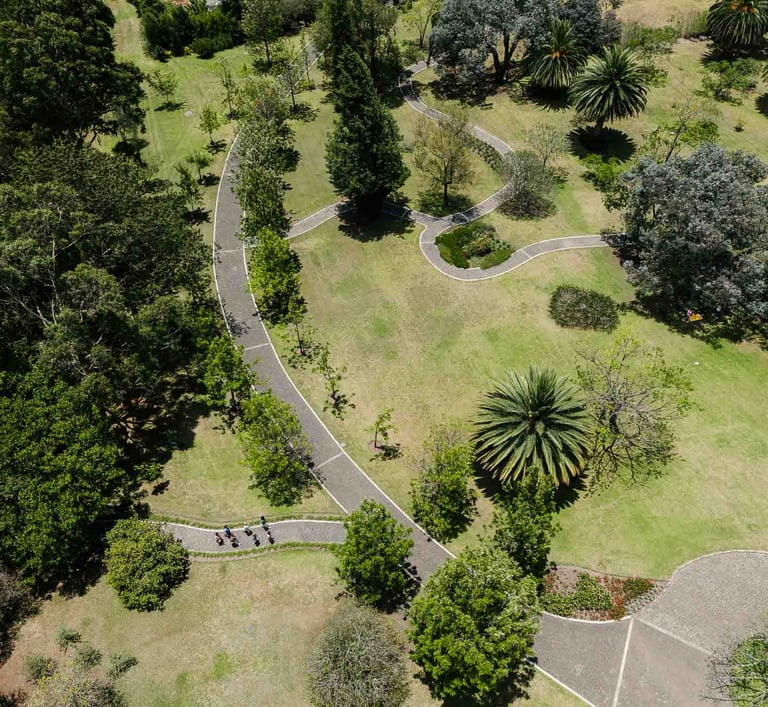 Fotografía de dron de un terreno con senderos y muchos árbolas en inmueble de Quito Ecuador