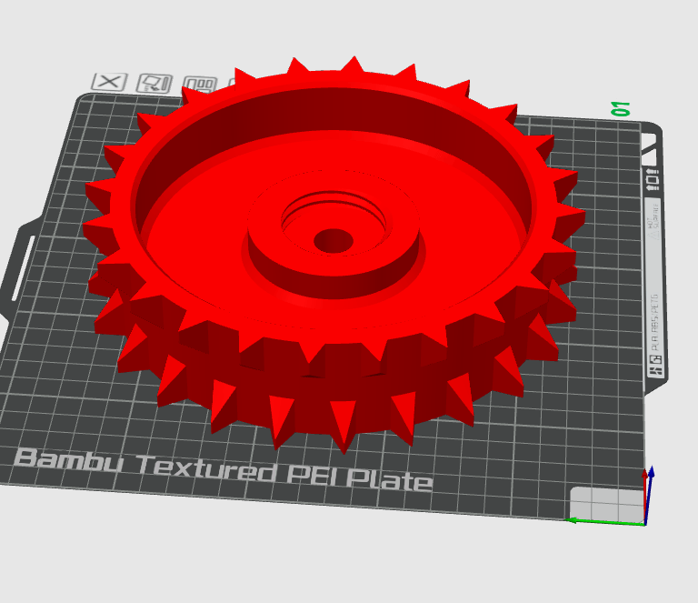 Raudoni ir juodi 3D spausdinti „Dreame A1 Spike Wheels v3“ ratai, pagaminti iš PETG plastiko