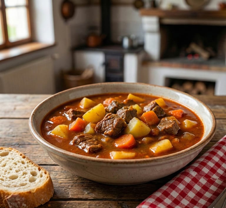 Plato de goulash tradicional servido en un cuenco rústico, con carne tierna, patatas y zanahorias