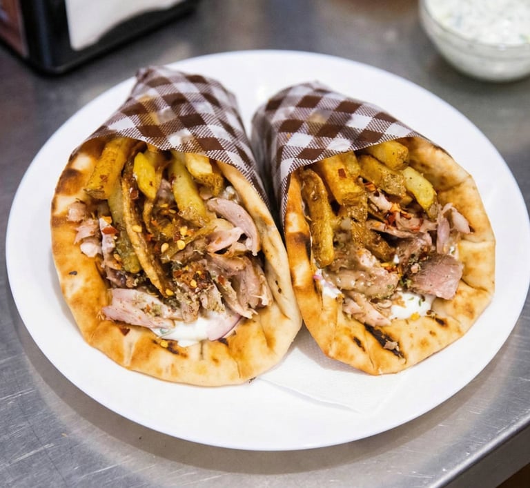 Pita gyros de pollo servida en Bistro Souvlaki Bratislava, rellena de carne jugosa, patatas fritas