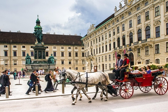 Carruaje tradicional de caballos (Fiaker) frente al monumento a Francisco I en el Palacio de Hofburg