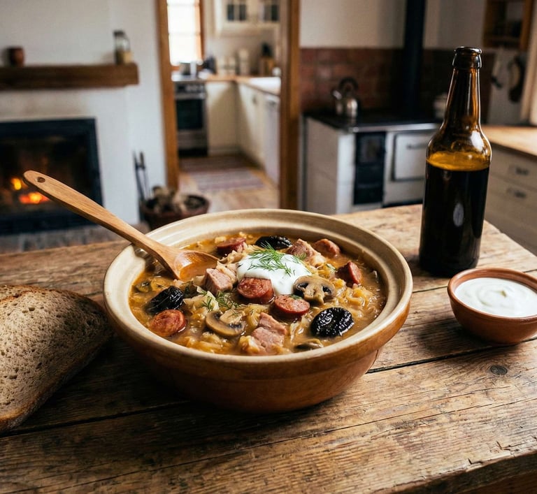 Cuenco de kapustnica eslovaca con col fermentada, embutidos, carne ahumada y crema agria, servido ju