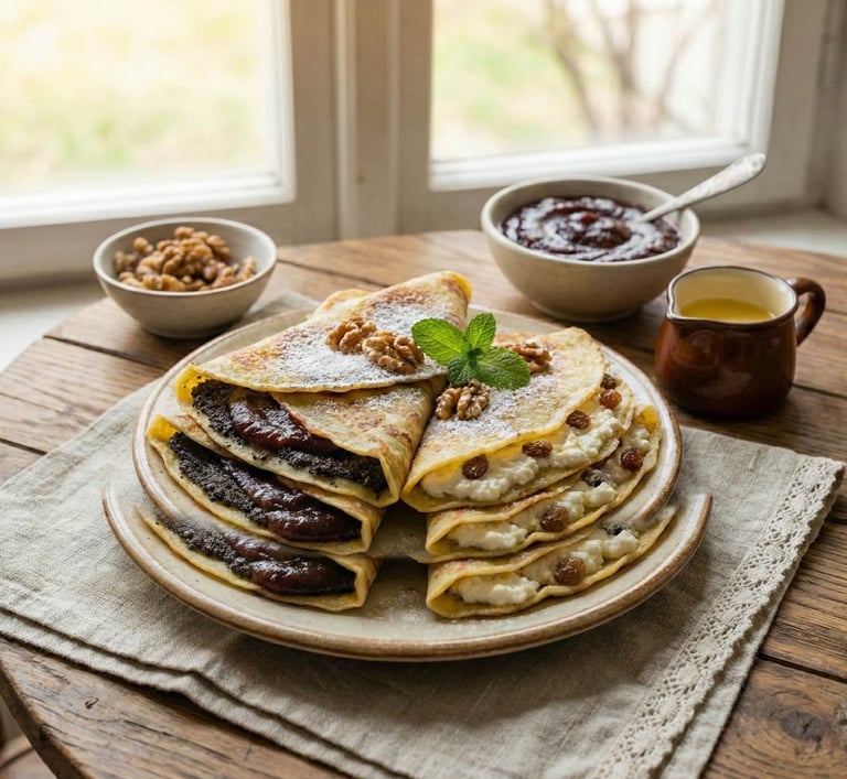 Plato de palacinky eslovacas rellenas de queso dulce, pasas y crema de amapola, decoradas con nueces