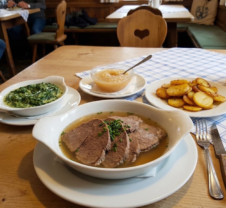 Mesa rústica con carne de buey en caldo (Tafelspitz) acompañada de espinacas, patatas doradas