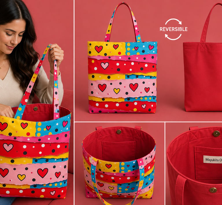 Bolso tote reversible de lona con un colorido estampado de parches de corazones y lunares.