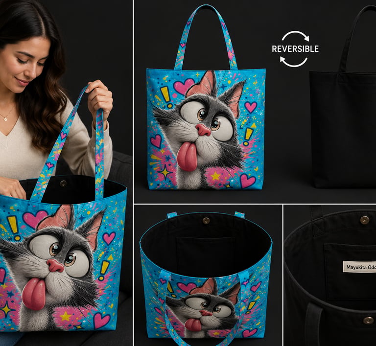 Un bolso tote reversible con un divertido dibujo de un gato de estilo caricatura sobre fondo azul.