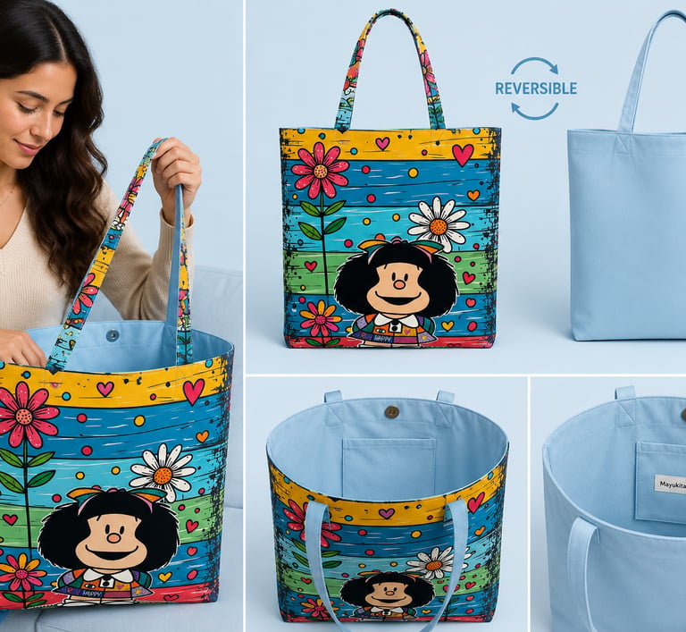 Bolso tote azul reversible con un colorido estampado del personaje de historieta Mafalda 