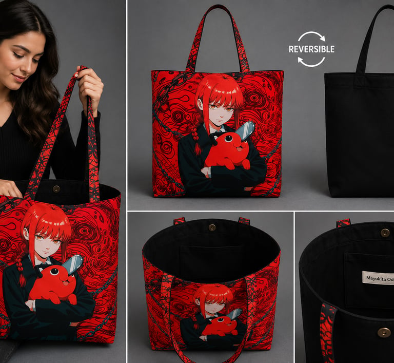 Bolso reversible de anime de *Chainsaw Man* (Makima y Pochita), con interior negro 