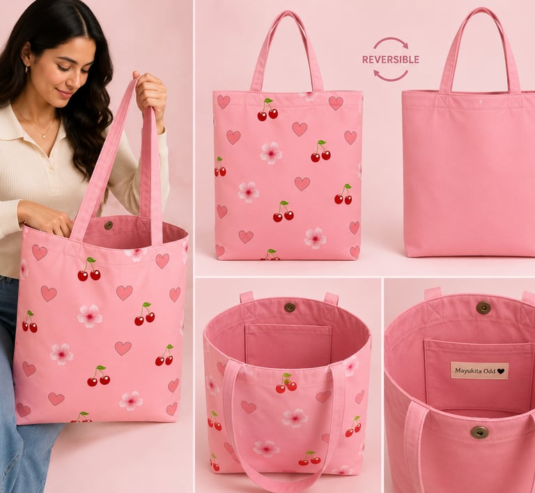 Bolso tote rosa con estampado de cerezas y corazones, que cuenta con un bolsillo