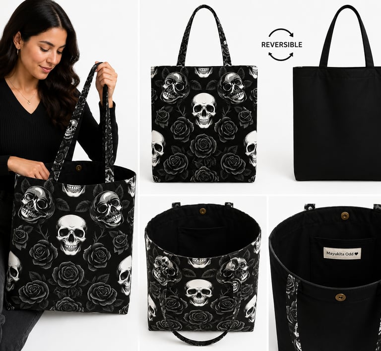 Bolso tote negro reversible con estampado de calavera y rosas, que presenta un diseño floral gótico 
