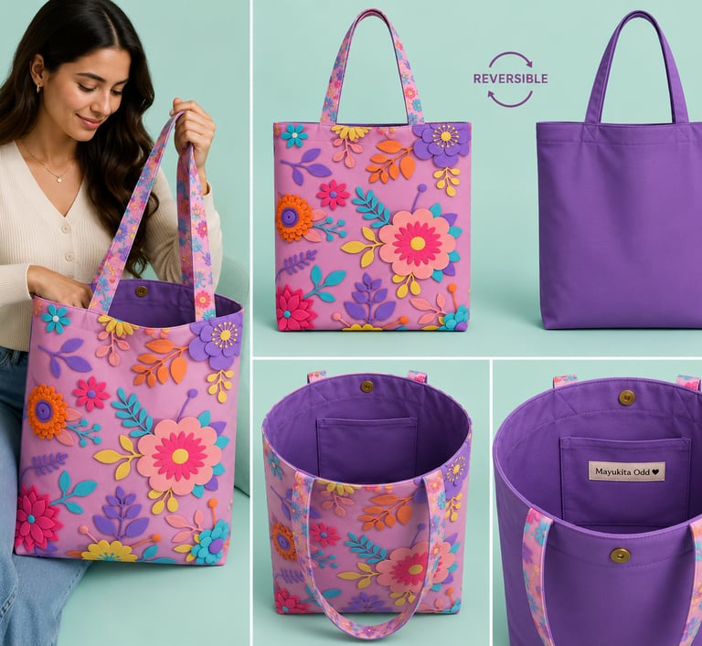 Una mujer muestra un bolso reversible rosa con estampado floral, detalles de flores 
