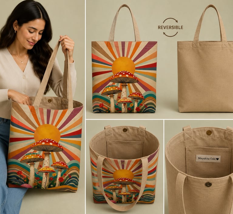 Un bolso reversible con un diseño retro de setas y rayos de sol, y un lado de lona beige lisa.