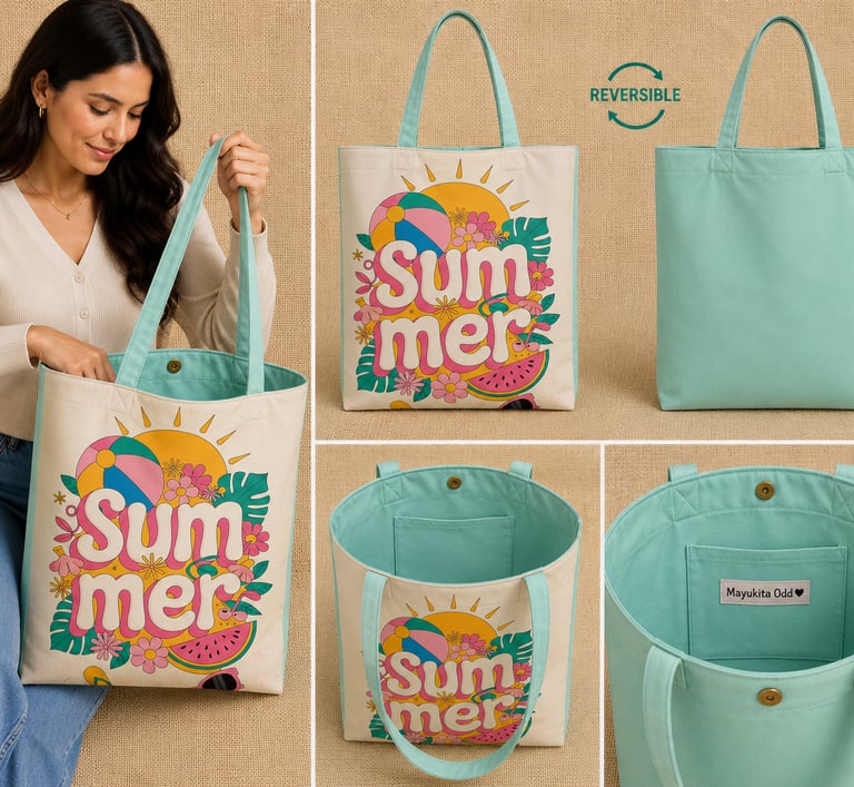 Un bolso de lona reversible con un gráfico de «Summer» el interior color verde 