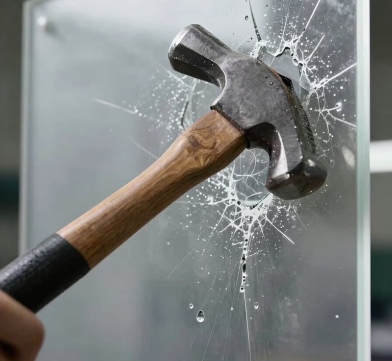 Macro shot of a high-impact hammer strike on a crystal-clear polycarbonate panel, showing localized impact marks with zero cracking, clean industrial lighting.