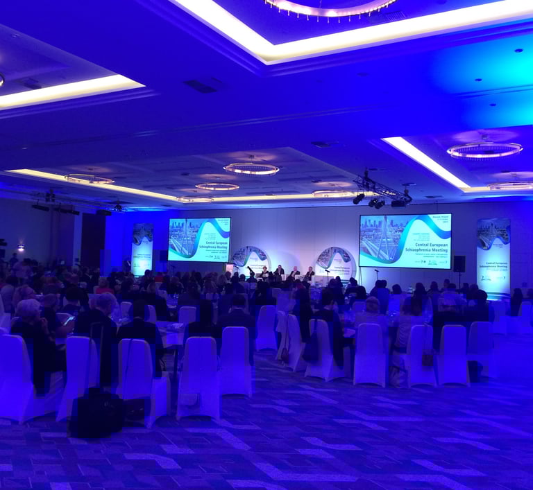Medical professionals attending the Central European Schizophrenia Meeting in a large blue-lit conference hall.