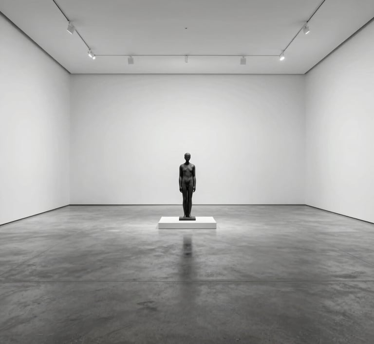 An environmental shot of a spacious, empty art gallery with polished gray concrete floors and white walls. A single minimalist sculpture sits in the center.