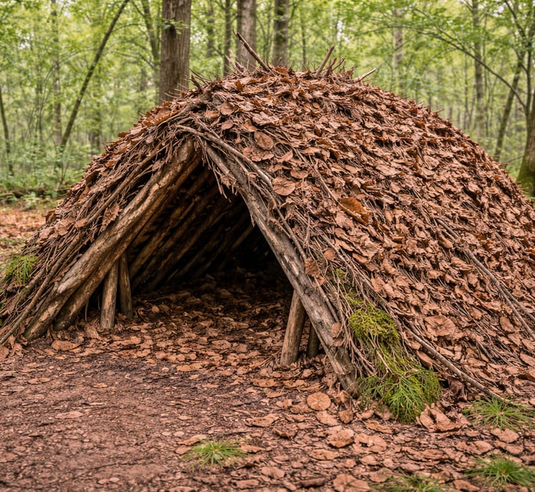 Handmade debris hut survival shelter constructed from sticks and dry leaves in a dense forest.