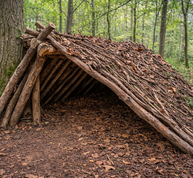 Handmade bushcraft survival shelter built from logs and leaves in a dense green forest.