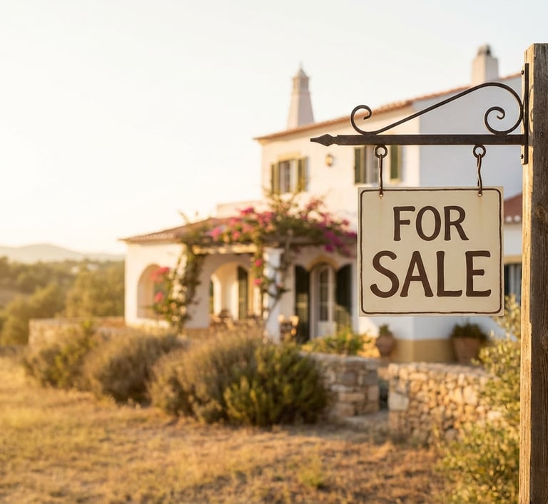 Rustic for sale sign hanging from a wooden post in front of a Mediterranean villa at sunset.