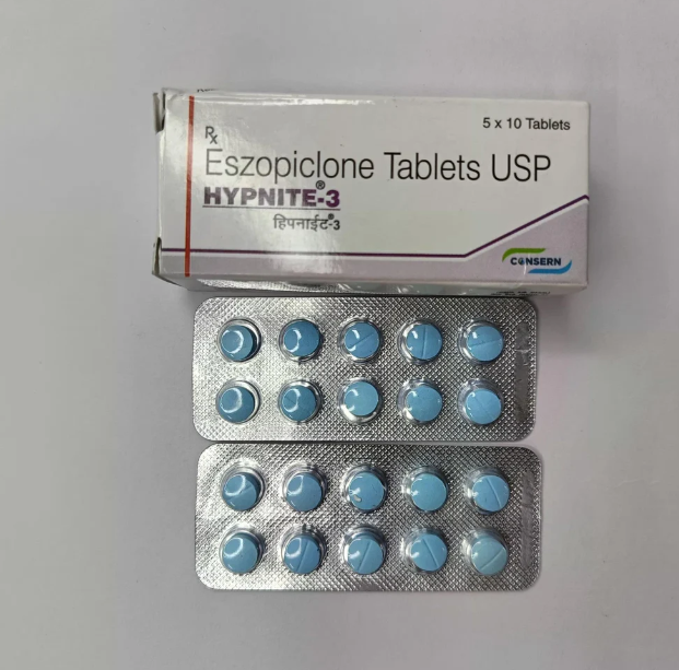 Blister pack and box of Hypnite-3 Eszopiclone Tablets USP 1 mg, a prescription sleep medication used for insomnia, displayed 